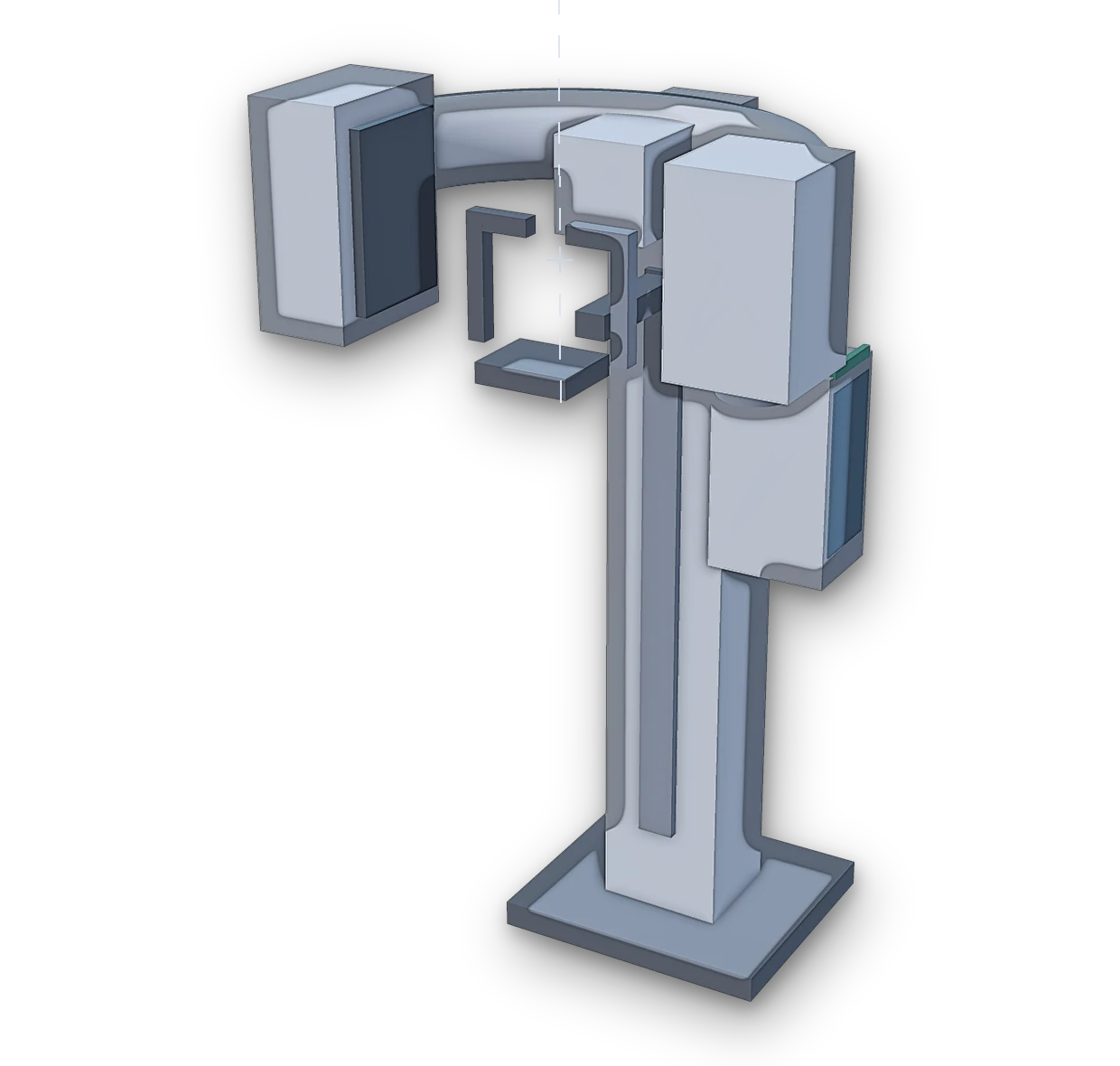 A dental CBCT unit — column, rotating gantry, tube head and sensor, and the chin rest between them